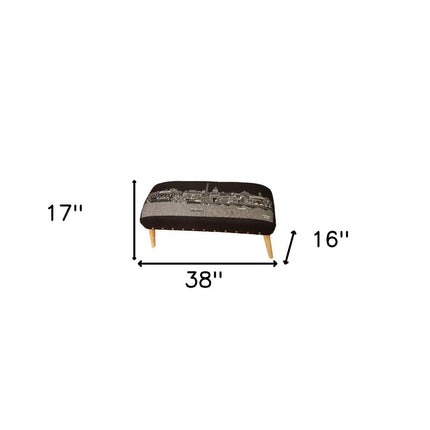 38" Gray Wool and Brown Ottoman