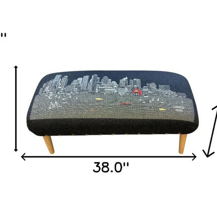 38" Black And Natural Boston Night Skyline Embroidered Ottoman