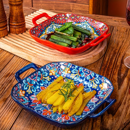 Set of Four Bohemian Square Plates with Double Handles! These Ceramic Serving Dishes Are