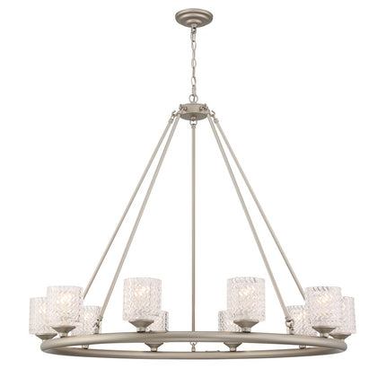 Silver Shaded Ten Light Metal Dimmable Chandelier With White Shades