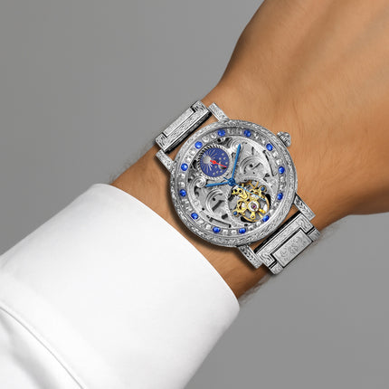 Men's Silvery Blue Steel Strip Fashion Style Versatile Sun Moon Precision Carving Fully Automatic