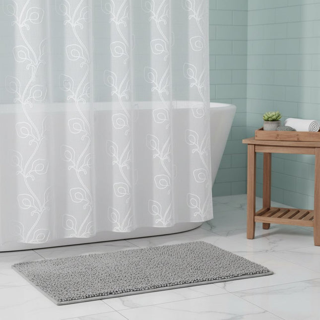 72" White Floral Faux Linen Shower Curtain With Embroidery