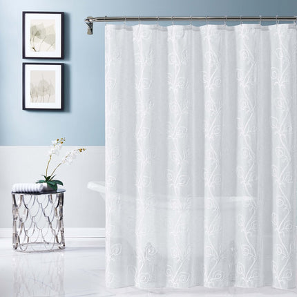 72" White Floral Faux Linen Shower Curtain With Embroidery