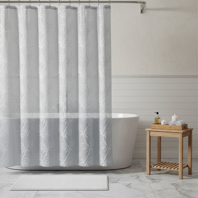 72" Gray Floral Faux Linen Shower Curtain With Embroidery