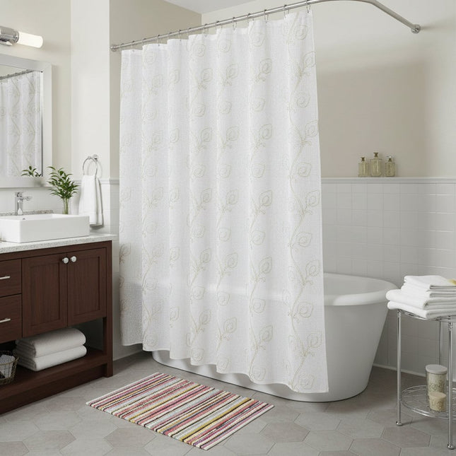 72" Ivory And Beige Embroidered Floral Shower Curtain