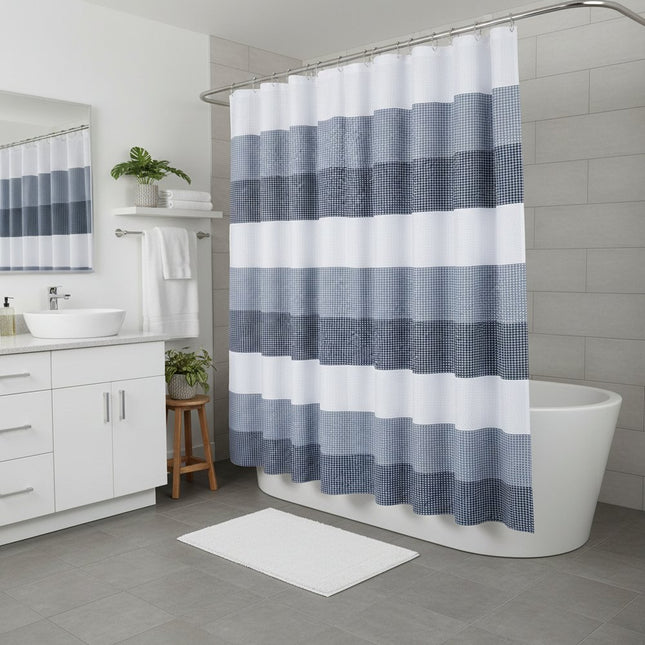 72" White And Blue Striped Shower Curtain
