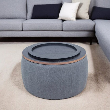 26" Dark Gray and Natural Fabric And Wood Reversible Tray Top Round Storage Ottoman