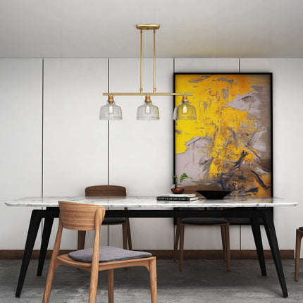 Gold Kitchen Island Three Light Metal and Seeded Glass Dimmable Chandelier With Clear Shades