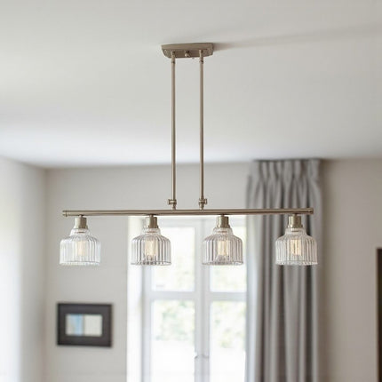 Nickel Kitchen Island Four Light Metal and Transparent Glass Dimmable Chandelier With Clear Shades