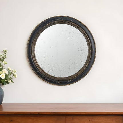 24" Dark Brown Distressed Wood Round Framed Accent Mirror