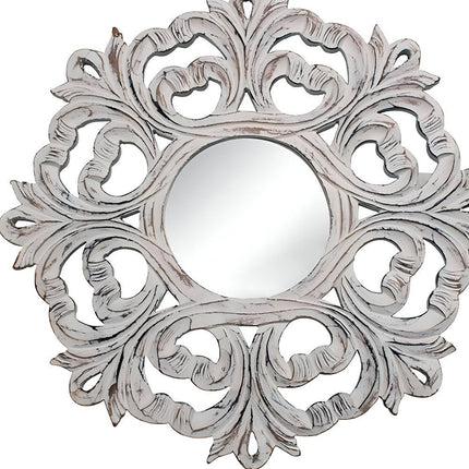 24" White Floral Scrollwork Distressed Round Framed Accent Mirror