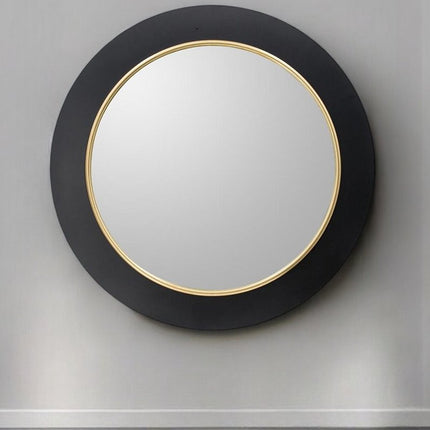 32" Black And Gold Lighted Round Metal Framed Accent Mirror