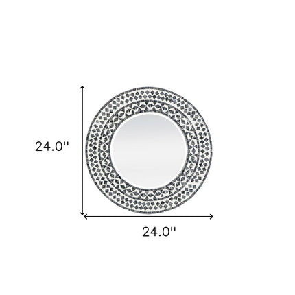 24" Black And White Round Wood And Shell Framed Accent Mirror