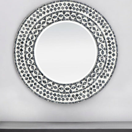 24" Black And White Round Wood And Shell Framed Accent Mirror