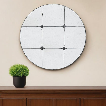 36" Black Round Iron Framed Antiqued Glass Accent Mirror
