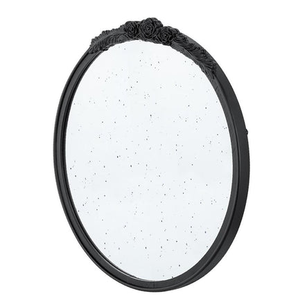 30" Black Crowned Top Antiqued Glass Round Framed Accent Mirror