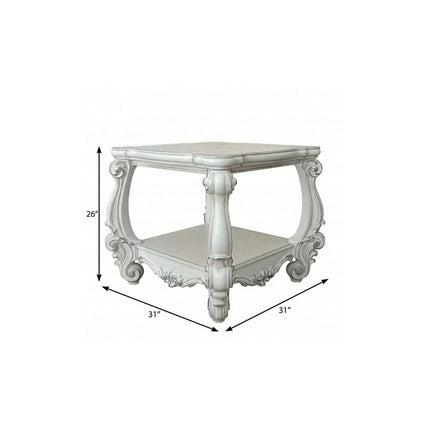 26" Antiqued White Manufactured Wood Square Scroll End Table With Shelf