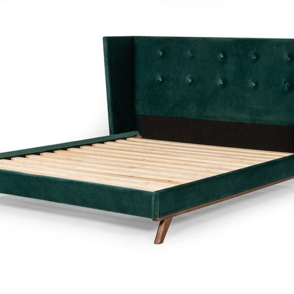 Green Wood And Tufted Velvet Queen Bed Frame