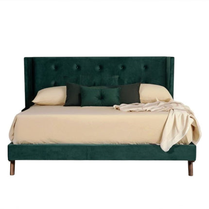 Green Wood And Tufted Velvet Queen Bed Frame