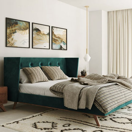 Green Wood And Tufted Velvet King Bed Frame