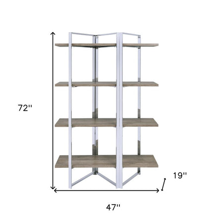 72" Natural And Silver Metal and Wood Four Tier Etagere Bookcase