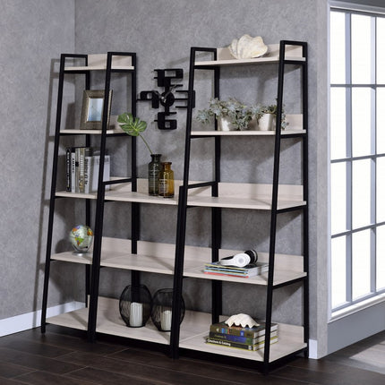 37" Natural and Black Metal Three Tier Ladder Bookcase
