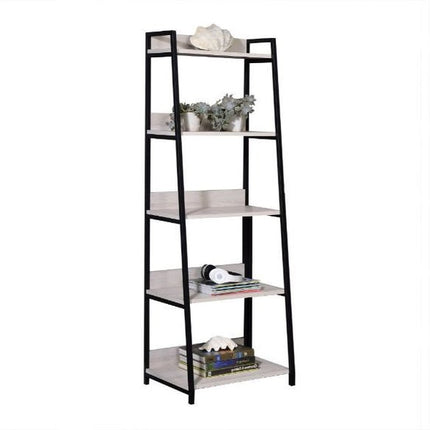 67" Natural and Black Metal Five Tier Ladder Bookcase
