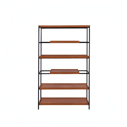 70" Oak And Black Metal and Wood Six Tier Etagere Bookcase