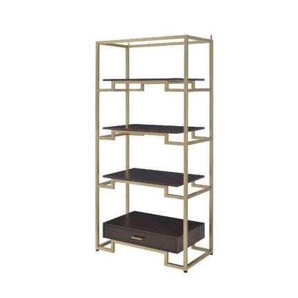 78" Gold and Black Metal Four Tier Etagere Bookcase with a Drawer