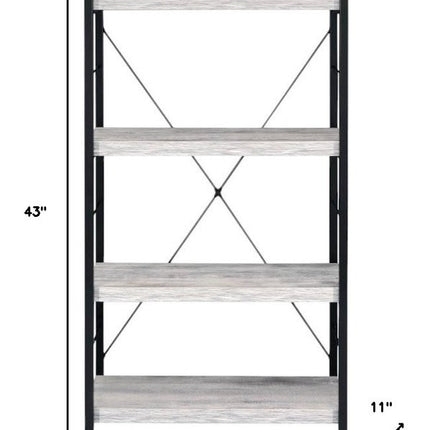 43" Antiqued White And Black Metal and Wood Four Tier Etagere Bookcase