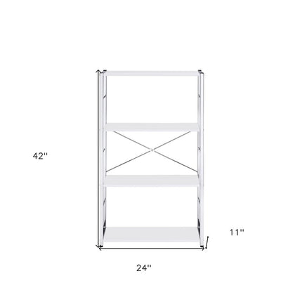 42" White And Silver Metal and Wood Four Tier Etagere Bookcase
