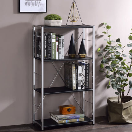 42" Black And Silver Metal and Wood Four Tier Etagere Bookcase