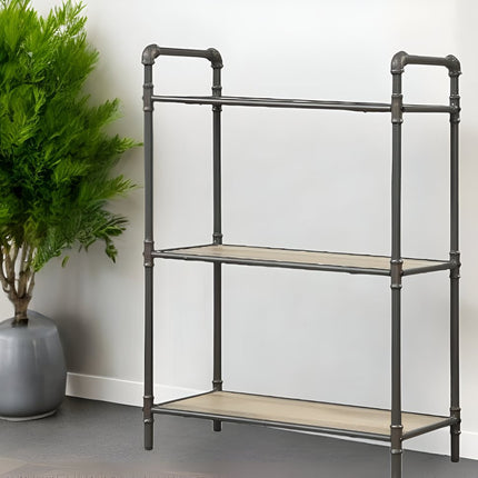 36" Antique Oak and Sandy Gray Metal Three Tier Standard Bookcase