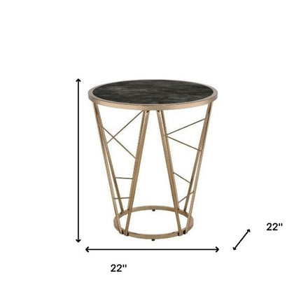 24" Champagne And Black Faux Marble Glass And Metal Round End Table