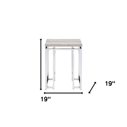 24" Chrome And Natural Oak Manufactured Wood And Metal Square End Table
