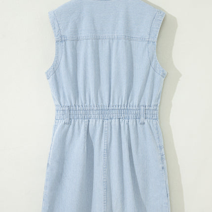 Sky Blue Stripe Collared Button Front Sleeveless Denim Mini Dress