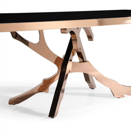 87" Black And Gold Glass And Stainless Steel Pedestal Base Dining Table