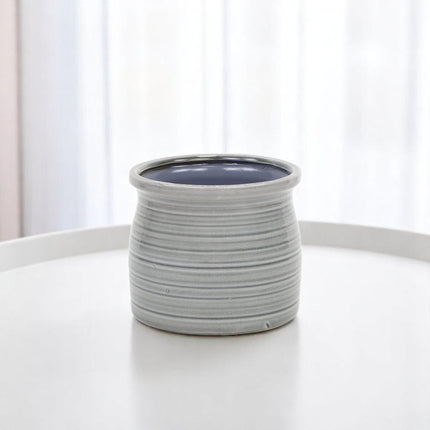 Gray Ceramic 51 Ounce Striped Round Distressed Pot Planter