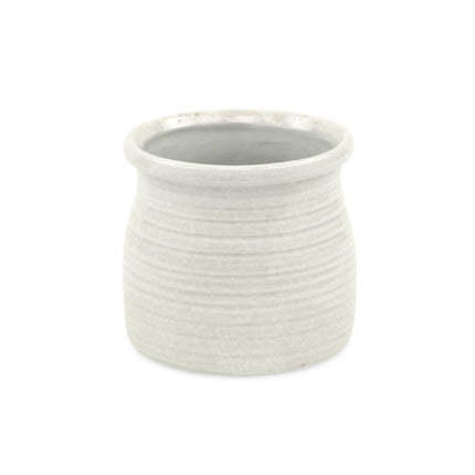 White Ceramic 25 Ounce Striped Round Distressed Pot Planter
