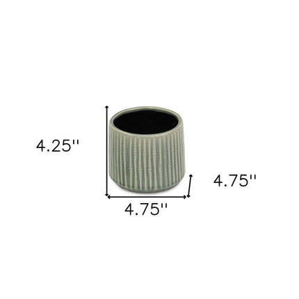 Green Ceramic 25 Ounce Striped Round Distressed Pot Planter