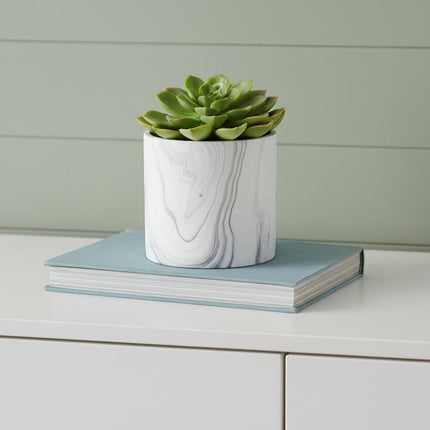 White And Gray Ceramic 41 Ounce Faux Marble Round Pot Planter