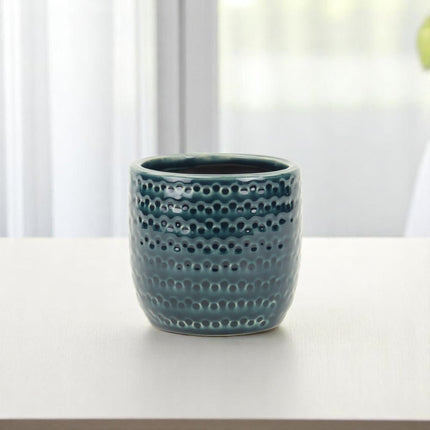 Teal Blue Ceramic 17 Ounce Dotted Round Distressed Pot Planter