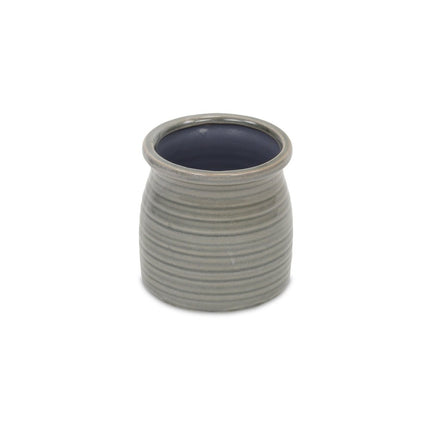 Gray Ceramic 15 Ounce Striped Round Distressed Pot Planter