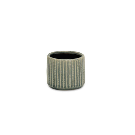 Beige And Green Ceramic 12 Ounce Striped Round Distressed Pot Planter