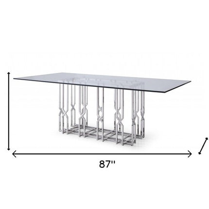 87" Clear And Silver Glass And Stainless Steel Pedestal Base Dining Table