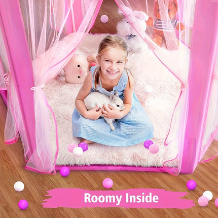 Kids Play Tent Castle, Pink & Blue, Polyester Canopy, Glass Fiber Frame, Dream Princess Room, Outdoor Game Tent, Roomy with Lights, for Children's Playhouse
