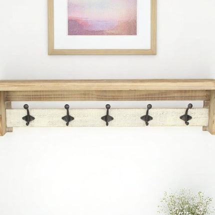 32" Natural Wood Five Hook Wall Mount Coat Rack