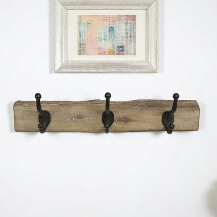 19" Brown Natural Rustic Live Edge Wood Three Hook Wall Mount Coat Rack