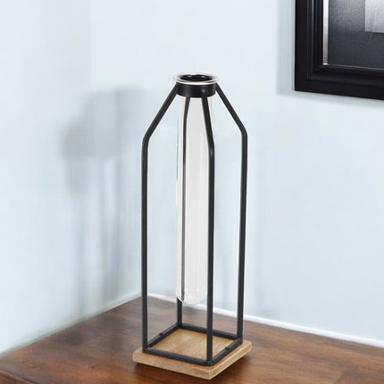 12" Black Clear And Natural Metal Glass And Wood Posy Test Tube Table Vase