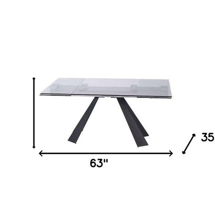 63" Clear And Black Glass And Metal Drop Leaf Pedestal Base Dining Table